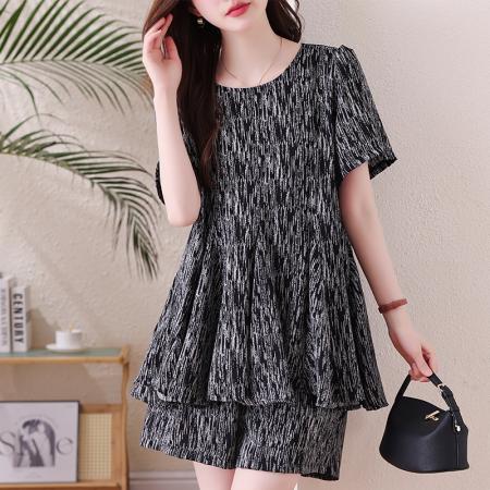 BY15319# 宽松大摆雪纺印花套装夏新款胖mm遮肚减龄上衣阔腿短裤两件套服裝批發女裝批發服飾貨源