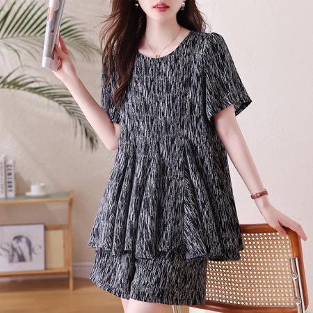 BY15319# 宽松大摆雪纺印花套装夏新款胖mm遮肚减龄上衣阔腿短裤两件套服裝批發女裝批發服飾貨源