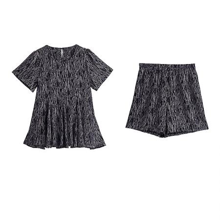 BY15319# 宽松大摆雪纺印花套装夏新款胖mm遮肚减龄上衣阔腿短裤两件套服裝批發女裝批發服飾貨源