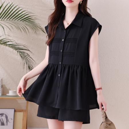 BY15320# 休闲时尚衬衫短款套装夏新款欧货大码胖mm显瘦宽松遮肉两件套服裝批發女裝批發服飾貨源