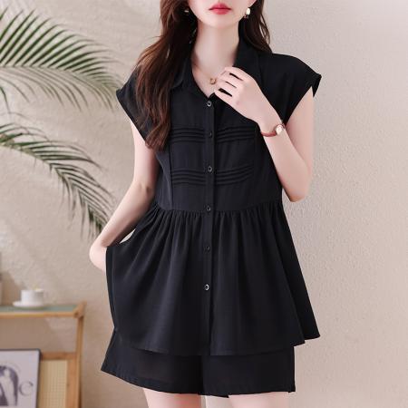 BY15320# 休闲时尚衬衫短款套装夏新款欧货大码胖mm显瘦宽松遮肉两件套服裝批發女裝批發服飾貨源