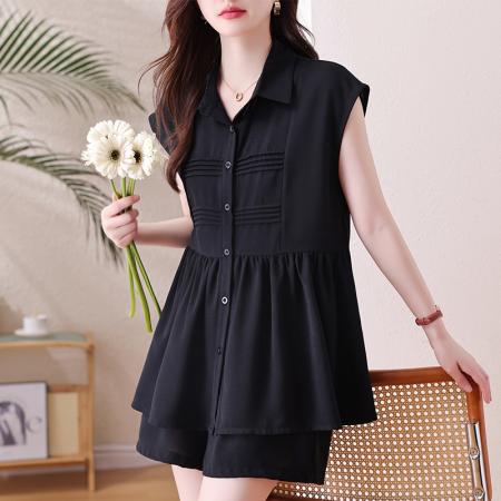 BY15320# 休闲时尚衬衫短款套装夏新款欧货大码胖mm显瘦宽松遮肉两件套服裝批發女裝批發服飾貨源