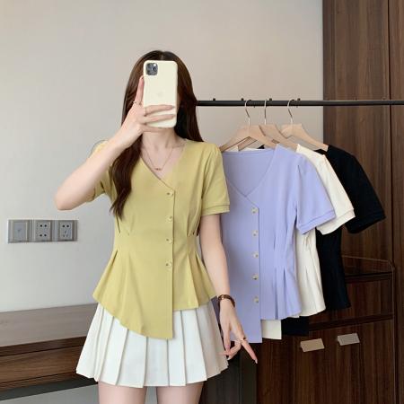 BY15323# 夏装新款胖mm大码女设计感不规则收腰显瘦短袖T恤服裝批發女裝批發服飾貨源