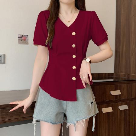 BY15323# 夏装新款胖mm大码女设计感不规则收腰显瘦短袖T恤服裝批發女裝批發服飾貨源