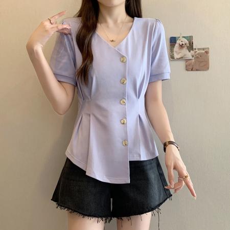 BY15323# 夏装新款胖mm大码女设计感不规则收腰显瘦短袖T恤服裝批發女裝批發服飾貨源