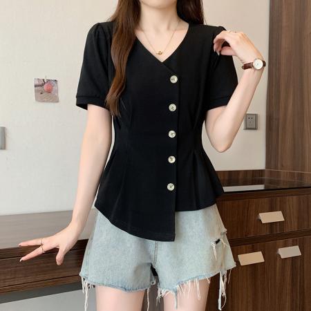 BY15323# 夏装新款胖mm大码女设计感不规则收腰显瘦短袖T恤服裝批發女裝批發服飾貨源