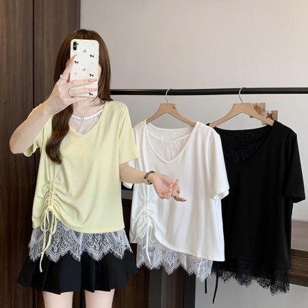 BY15324# 夏装新款胖mm大码女设计感拼接蕾丝花边宽松显瘦短袖T恤服裝批發女裝批發服飾貨源