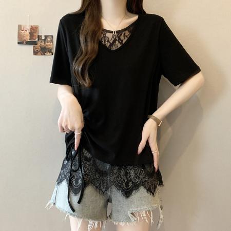 BY15324# 夏装新款胖mm大码女设计感拼接蕾丝花边宽松显瘦短袖T恤服裝批發女裝批發服飾貨源