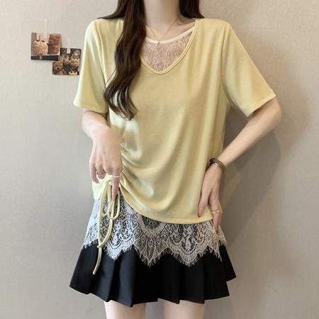 BY15324# 夏装新款胖mm大码女设计感拼接蕾丝花边宽松显瘦短袖T恤服裝批發女裝批發服飾貨源