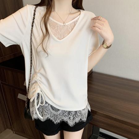 BY15324# 夏装新款胖mm大码女设计感拼接蕾丝花边宽松显瘦短袖T恤服裝批發女裝批發服飾貨源