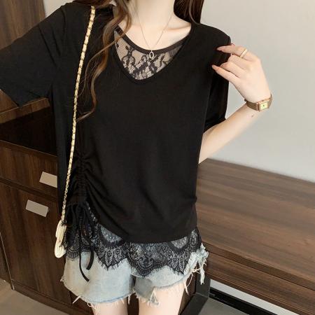 BY15324# 夏装新款胖mm大码女设计感拼接蕾丝花边宽松显瘦短袖T恤服裝批發女裝批發服飾貨源