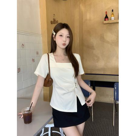 BY15325# 夏装新款胖mm大码女休闲设计感方领显瘦不规则短袖T恤服裝批發女裝批發服飾貨源