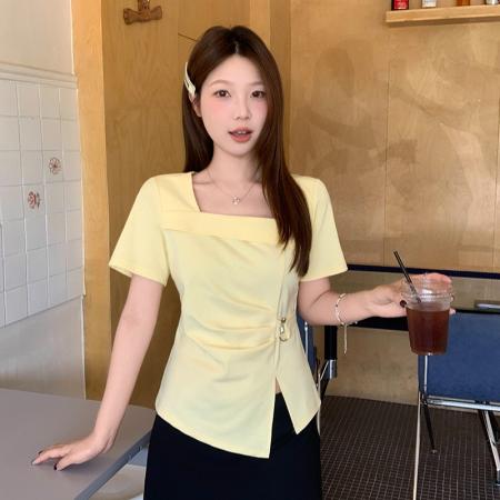 BY15325# 夏装新款胖mm大码女休闲设计感方领显瘦不规则短袖T恤服裝批發女裝批發服飾貨源