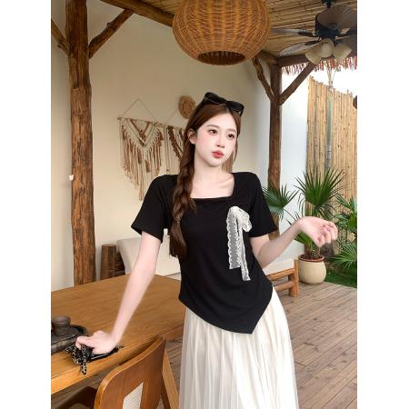 BY15326# 夏装新款胖mm大码女甜美方领蕾丝蝴蝶结不规则短袖T恤服裝批發女裝批發服飾貨源