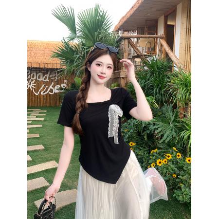 BY15326# 夏装新款胖mm大码女甜美方领蕾丝蝴蝶结不规则短袖T恤服裝批發女裝批發服飾貨源