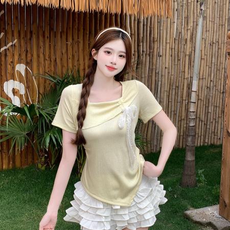 BY15326# 夏装新款胖mm大码女甜美方领蕾丝蝴蝶结不规则短袖T恤服裝批發女裝批發服飾貨源
