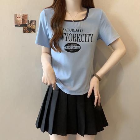 BY15327# 夏装新款胖mm大码女韩版时尚撞色印花字母短袖T恤服裝批發女裝批發服飾貨源