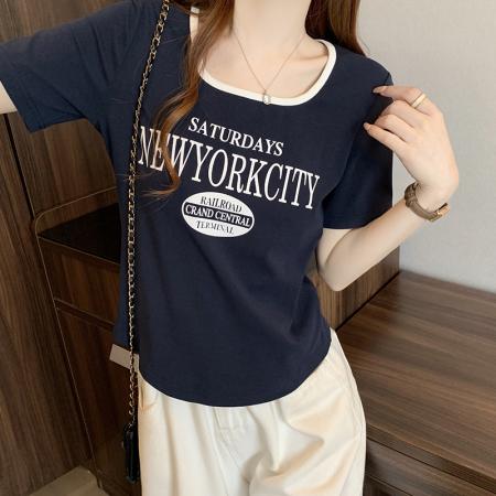 BY15327# 夏装新款胖mm大码女韩版时尚撞色印花字母短袖T恤服裝批發女裝批發服飾貨源