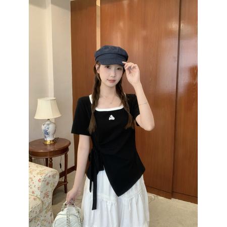 BY15328# 夏装新款胖mm大码女撞色U领卡通刺绣不规则绑带短袖T恤服裝批發女裝批發服飾貨源