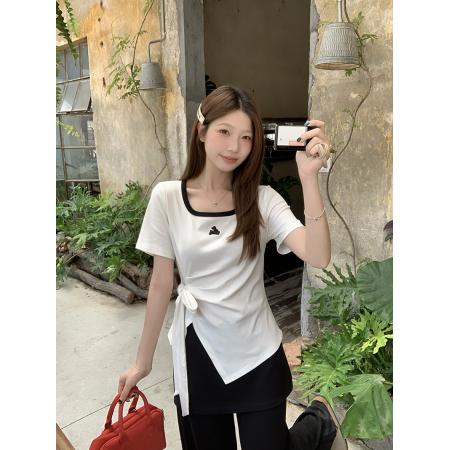 BY15328# 夏装新款胖mm大码女撞色U领卡通刺绣不规则绑带短袖T恤服裝批發女裝批發服飾貨源