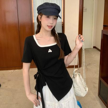 BY15328# 夏装新款胖mm大码女撞色U领卡通刺绣不规则绑带短袖T恤服裝批發女裝批發服飾貨源