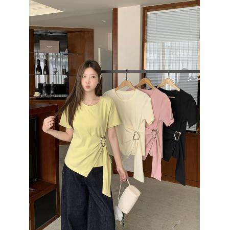 BY15329# 夏装新款胖mm大码女时尚设计感纯色圆领飘带短袖T恤服裝批發女裝批發服飾貨源