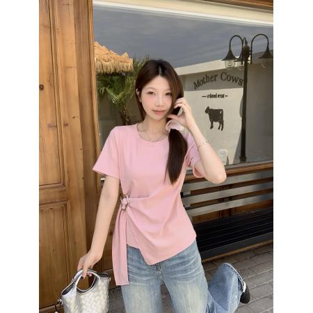 BY15329# 夏装新款胖mm大码女时尚设计感纯色圆领飘带短袖T恤服裝批發女裝批發服飾貨源