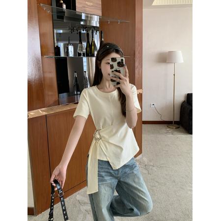 BY15329# 夏装新款胖mm大码女时尚设计感纯色圆领飘带短袖T恤服裝批發女裝批發服飾貨源