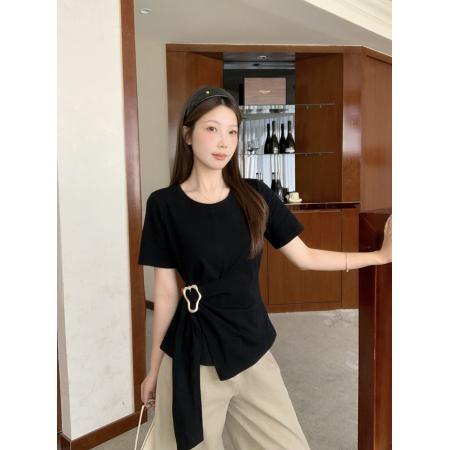 BY15329# 夏装新款胖mm大码女时尚设计感纯色圆领飘带短袖T恤服裝批發女裝批發服飾貨源