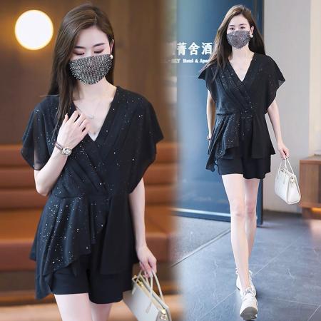 BY15330# 大码女装套装短袖雪纺上衣夏季胖MM修身显瘦简约韩版V领小衫服裝批發女裝批發服飾貨源