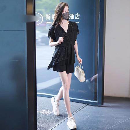 BY15330# 大码女装套装短袖雪纺上衣夏季胖MM修身显瘦简约韩版V领小衫服裝批發女裝批發服飾貨源