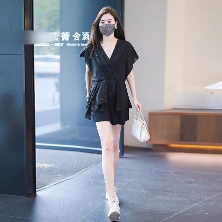 BY15330# 大码女装套装短袖雪纺上衣夏季胖MM修身显瘦简约韩版V领小衫服裝批發女裝批發服飾貨源