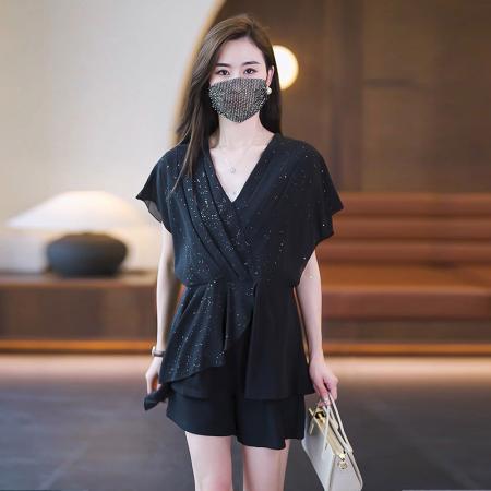 BY15330# 大码女装套装短袖雪纺上衣夏季胖MM修身显瘦简约韩版V领小衫服裝批發女裝批發服飾貨源