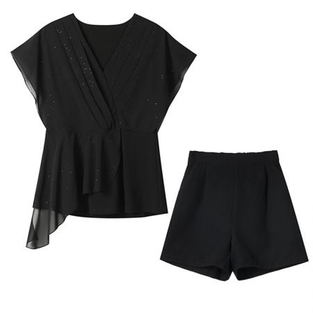 BY15330# 大码女装套装短袖雪纺上衣夏季胖MM修身显瘦简约韩版V领小衫服裝批發女裝批發服飾貨源