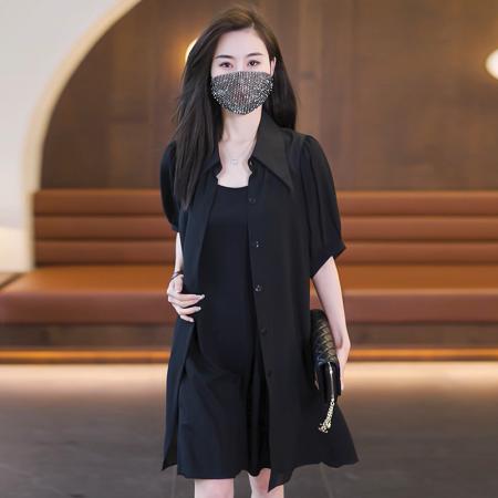 BY15331# 夏季短袖黑色雪纺衬衫领连衣裙套装胖MM气质显瘦吊带裙两件套服裝批發女裝批發服飾貨源