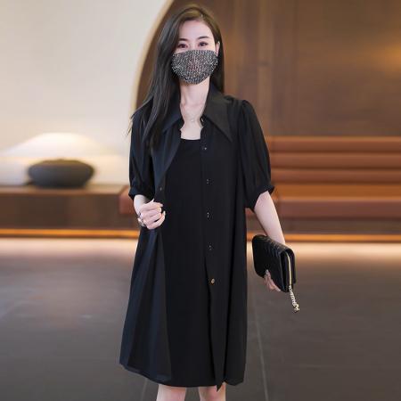 BY15331# 夏季短袖黑色雪纺衬衫领连衣裙套装胖MM气质显瘦吊带裙两件套服裝批發女裝批發服飾貨源