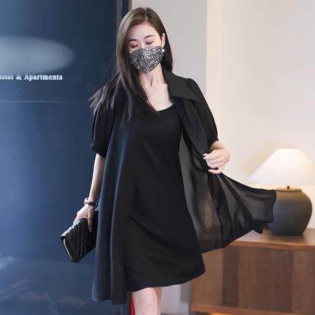 BY15331# 夏季短袖黑色雪纺衬衫领连衣裙套装胖MM气质显瘦吊带裙两件套服裝批發女裝批發服飾貨源