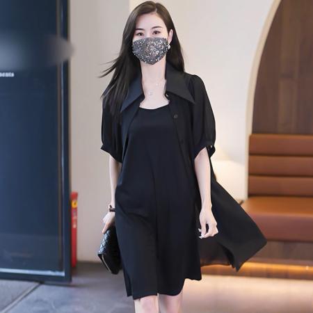 BY15331# 夏季短袖黑色雪纺衬衫领连衣裙套装胖MM气质显瘦吊带裙两件套服裝批發女裝批發服飾貨源