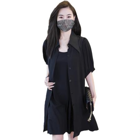 BY15331# 夏季短袖黑色雪纺衬衫领连衣裙套装胖MM气质显瘦吊带裙两件套服裝批發女裝批發服飾貨源