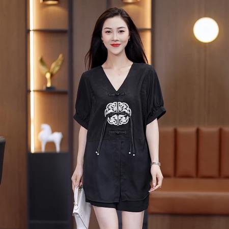 BY15332# 夏季新款女装时尚胖MM宽松显瘦大码复古衬衫新国风女装短袖上衣女服裝批發女裝批發服飾貨源