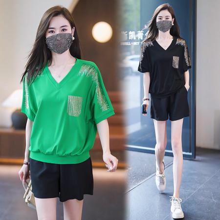 BY15334# 大码女装T恤夏季胖MM宽松显瘦休闲V领烫钻短袖上衣女服裝批發女裝批發服飾貨源