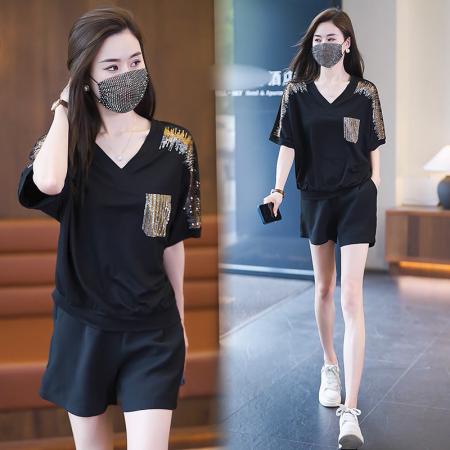 BY15334# 大码女装T恤夏季胖MM宽松显瘦休闲V领烫钻短袖上衣女服裝批發女裝批發服飾貨源