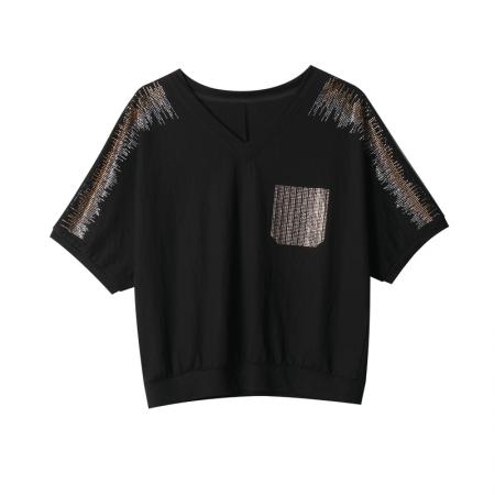 BY15334# 大码女装T恤夏季胖MM宽松显瘦休闲V领烫钻短袖上衣女服裝批發女裝批發服飾貨源