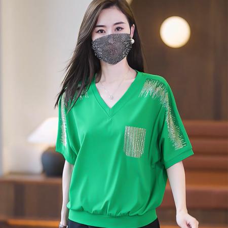 BY15334# 大码女装T恤夏季胖MM宽松显瘦休闲V领烫钻短袖上衣女服裝批發女裝批發服飾貨源
