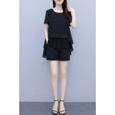 BY15335# 大码女装短袖套装夏装新款胖MM宽松显瘦雪纺上衣短裤两件套女服裝批發女裝批發服飾貨源