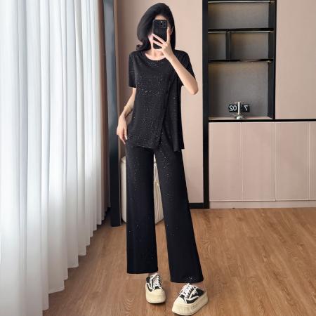 BY15337# 夏装新款女装套装气质胖妹妹大码宽松显瘦减龄短袖阔腿裤两件套女服裝批發女裝批發服飾貨源