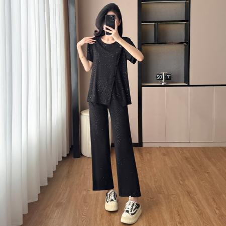 BY15337# 夏装新款女装套装气质胖妹妹大码宽松显瘦减龄短袖阔腿裤两件套女服裝批發女裝批發服飾貨源