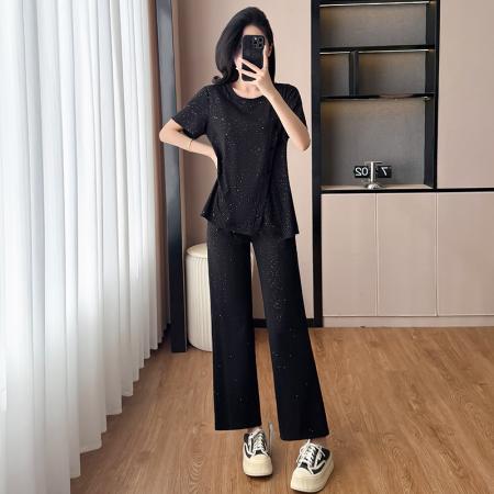 BY15337# 夏装新款女装套装气质胖妹妹大码宽松显瘦减龄短袖阔腿裤两件套女服裝批發女裝批發服飾貨源