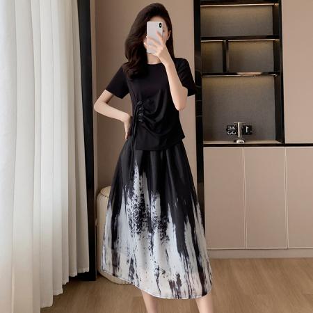 BY15338# 夏季新款大码女装套装裙子时尚胖MM显瘦新国风宽松型T恤两件套女服裝批發女裝批發服飾貨源