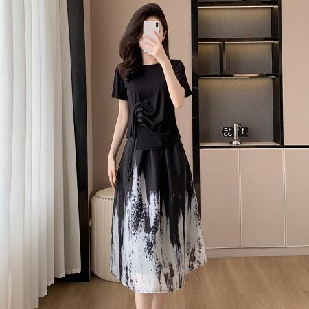 BY15338# 夏季新款大码女装套装裙子时尚胖MM显瘦新国风宽松型T恤两件套女服裝批發女裝批發服飾貨源